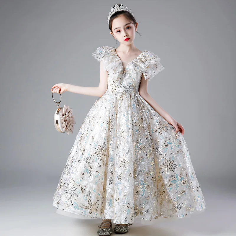 2023 Kids Girls Luxury Dresses for Party Baby Girl Petal Sleeves V-collar Ball Gowns Child Vestidos for Ceremony Birthday Party