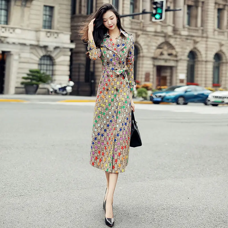 

Women Trench Coat Casual Long Outerwear Star Printed Overcoat Spring Fashion England Style Double-breasted Windbreaker Femme