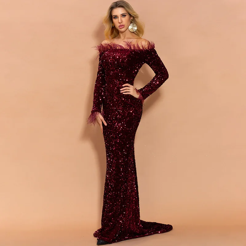 Женское вечернее платье русалка длинное с вырезом лодочкой длинными рукавами