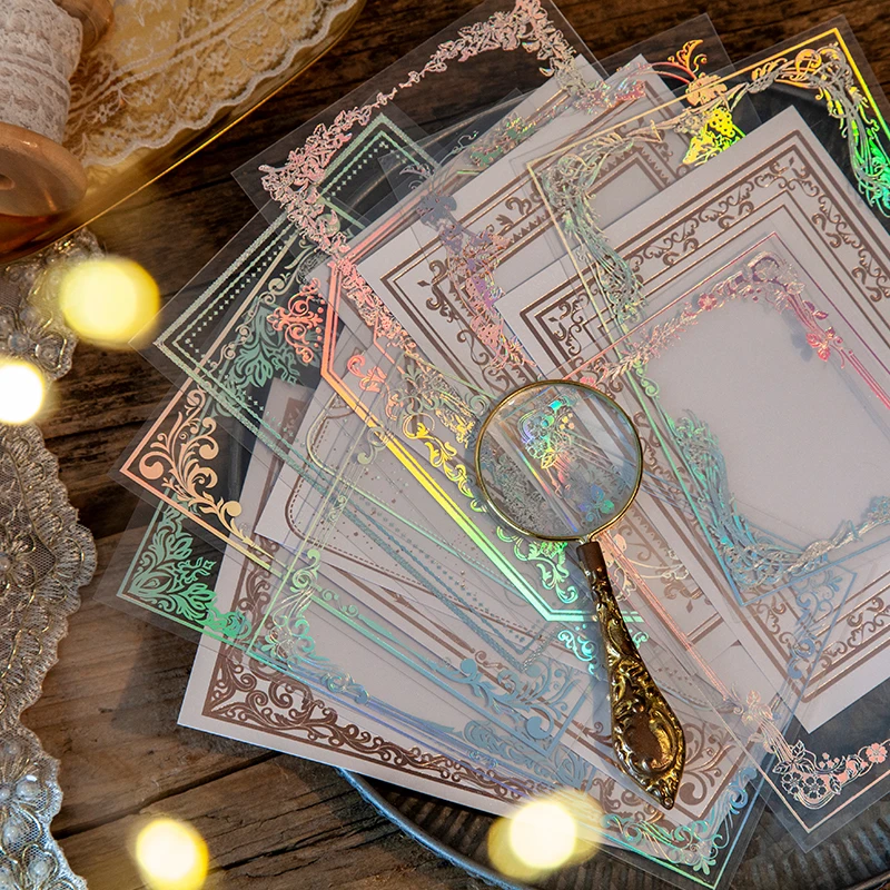 

Journamm 10pcs/pack PVC Laser Silver Craf Material Paper for Deco Junk Journal Creative Stationery DIY Background Material Paper