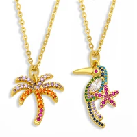 fashion box chain summer beach boho coconut palm treebird toucan charm necklace pave zircon pendant children women jewelry gift