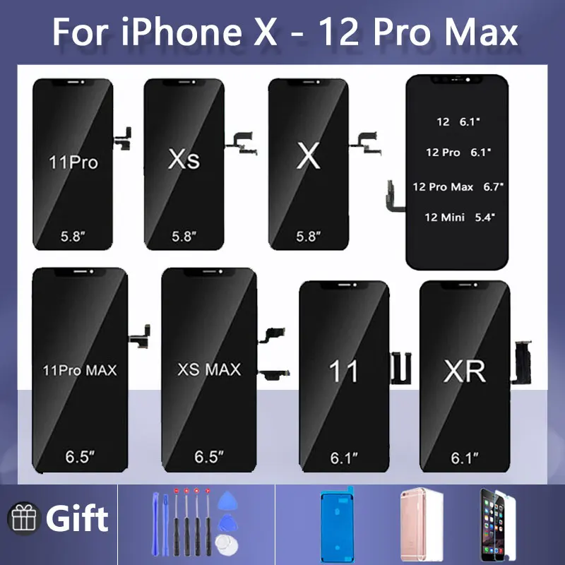 

OLED-экран для iPhone X XR Xs Max 11 12 Pro Max, ЖК-дисплей с сенсорным экраном и дигитайзером в сборе, без битых пикселей, для замены