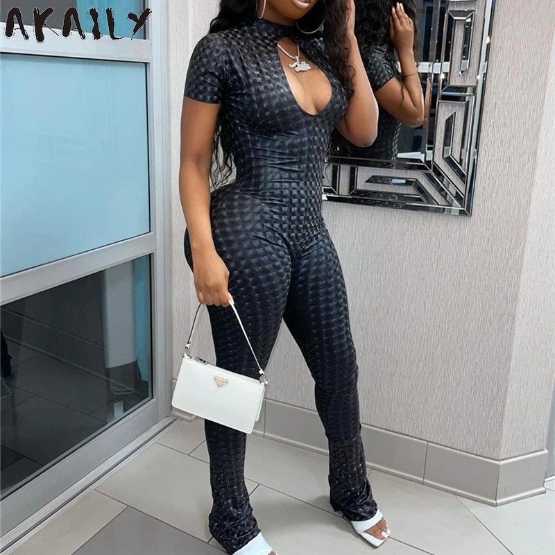 

Akaily уличная пикантные плед печати выдалбливают комбинезон Для женщин Летнее облегающее платье с воротником-стойкой, короткий комбинезон Д...