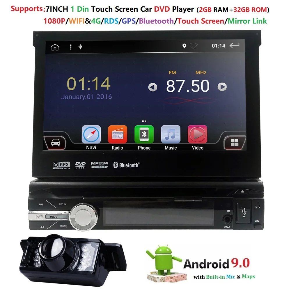 4G+64G Octa core Android 9.0 Univeral One din Car radio Multimedia Player GPS Navigation 7" IPS HD Retractable Autoradio AUX-IN