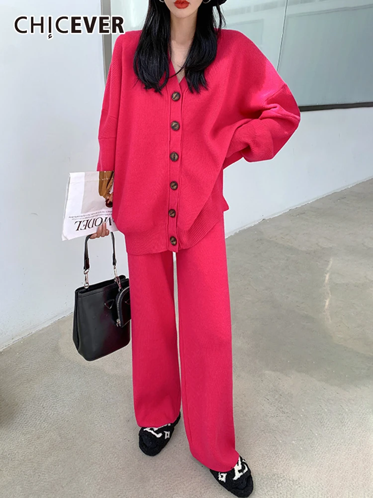 

CHICEVER повседневные Простые вязаные комплекты из двух предметов для женщин, с v-образным вырезом, с длинными рукавами, пальто, свободные широк...