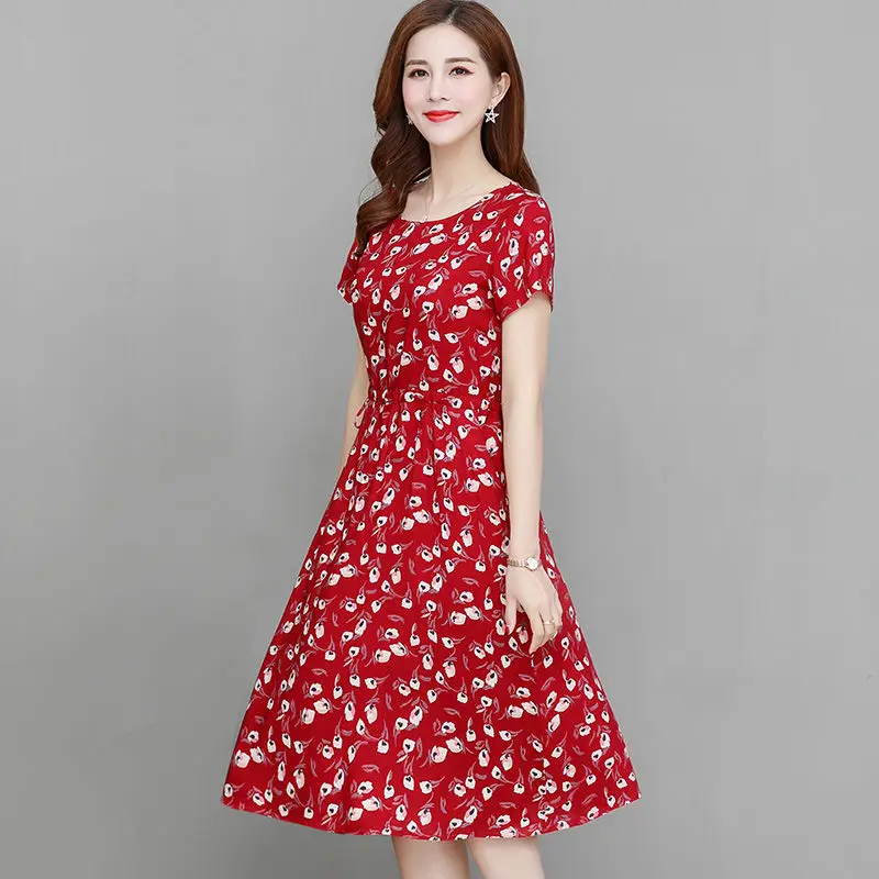 

Women Spring Summer Style A-Line Dresses Lady Casual Short Sleeve 7 Colors Flower Printed Dress Vestidos SS426