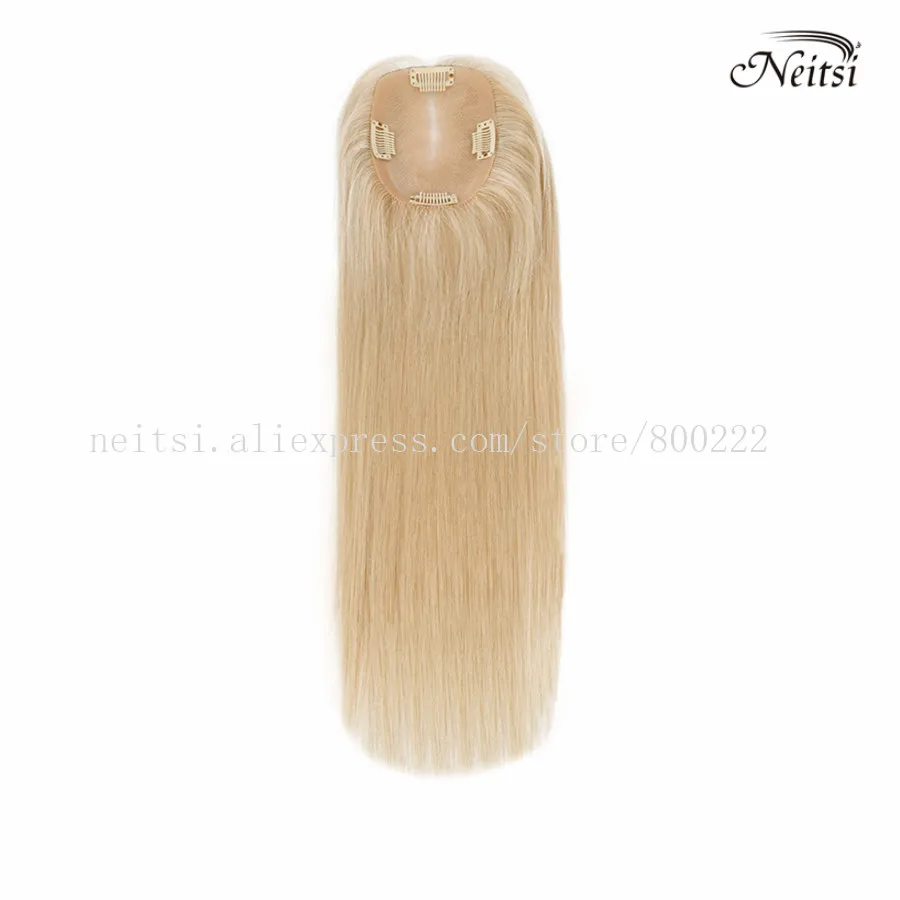 

Neitsi Virgin Human Hair Clip On Topper Wigs PU + Fine Mono Net Base Lace Cap Hair Toupee Remy Hairpiece For Women Blonde Color