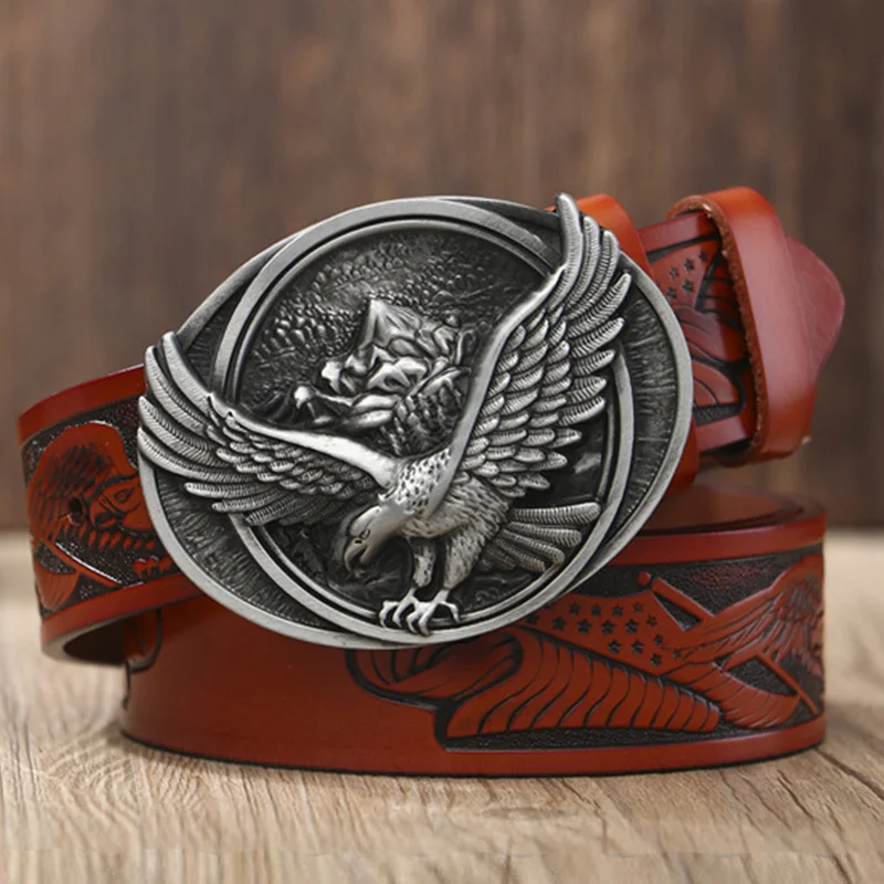 Black buckle Orange Винтажный Мужской ремень с Орлиной пряжкой из натуральной кожи, ремень из воловьей кожи, дизайнерские ремни с пряжкой для мужских джинсов, поясной ремень, подарки - Цвет: Black buckle Orange