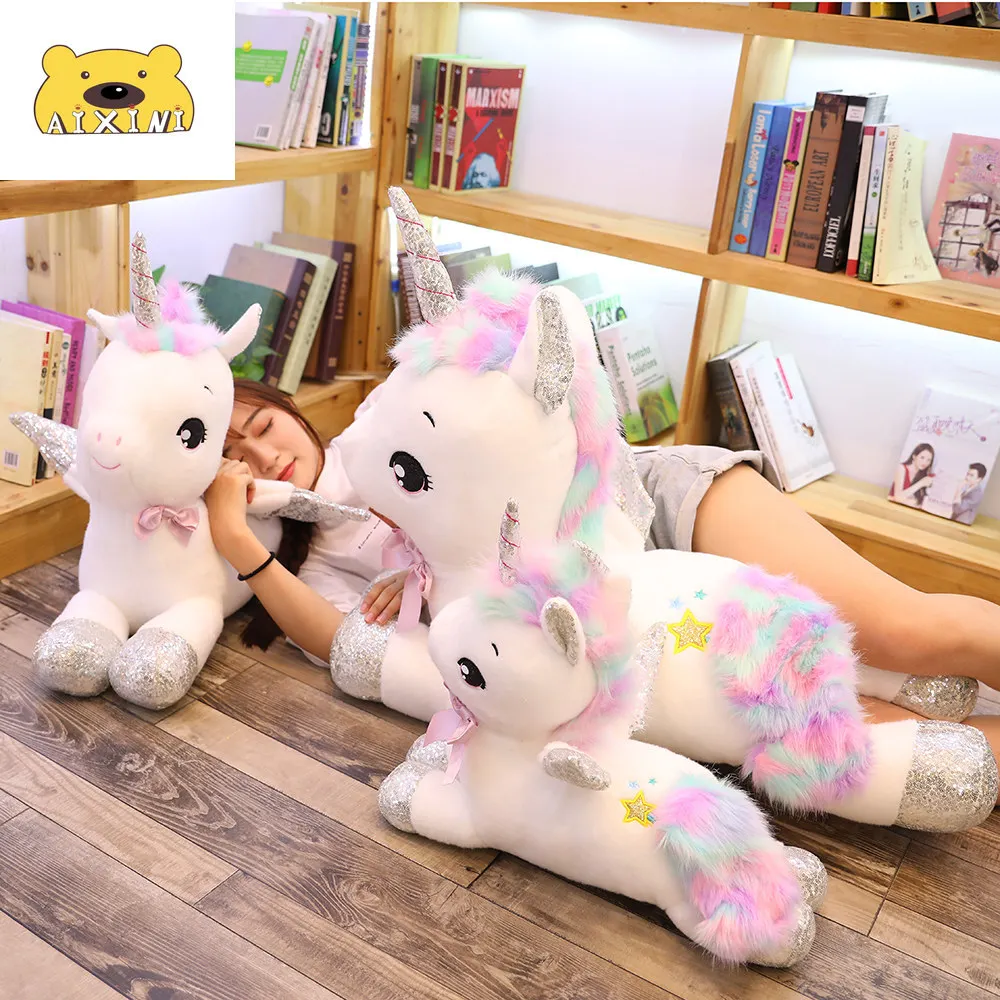 

White Rainbow Unicorn Plush Toy Soft Stuffed Animal One-horned Horse with Wings Doll Large Size Children Lovers Birthday Gift