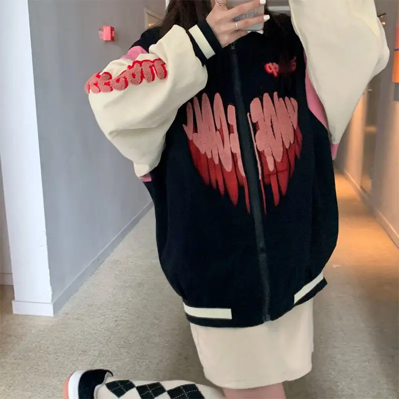 

Vintage College Baseball Jersey Black Jacket Zip Up Bomber Jacket Women Spring Autumn Hip Hop Trend Brand Windbreaker Coat Women