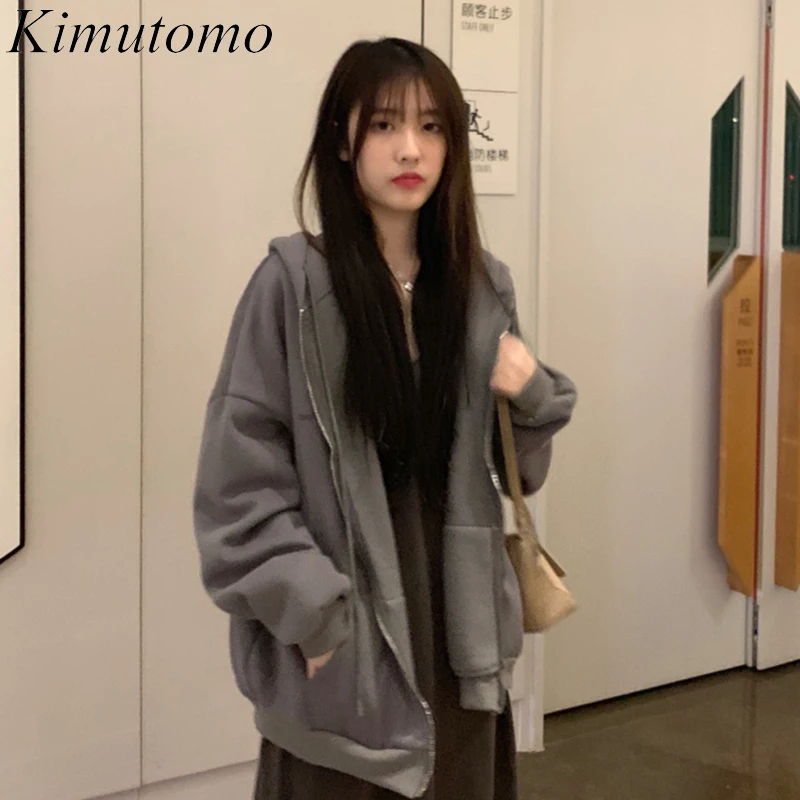 

Осенне-зимняя простая Женская куртка Kimutomo в гонконгском стиле, однотонная бархатная универсальная толстовка на молнии с длинными рукавами