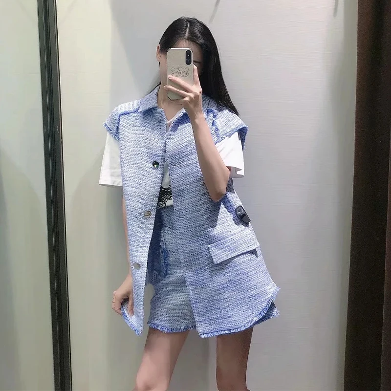 

Women 2021ZA Fashion Vest Lapel Pocket Sleeveless Long Ladies Vest Streetwear Burrs Texture Casual shorts 2-piece set