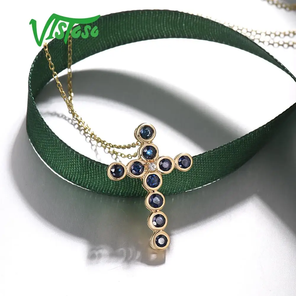 VISTOSO золотые подвески для женщин подлинный 14K 585 Желтое золото крест кулон синий