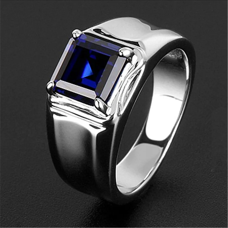 

Vintage 925 Silver Blue Green Ruby Men's Ring Caibao Crystal Ring Simple Domineering Ring Silver Jewelry