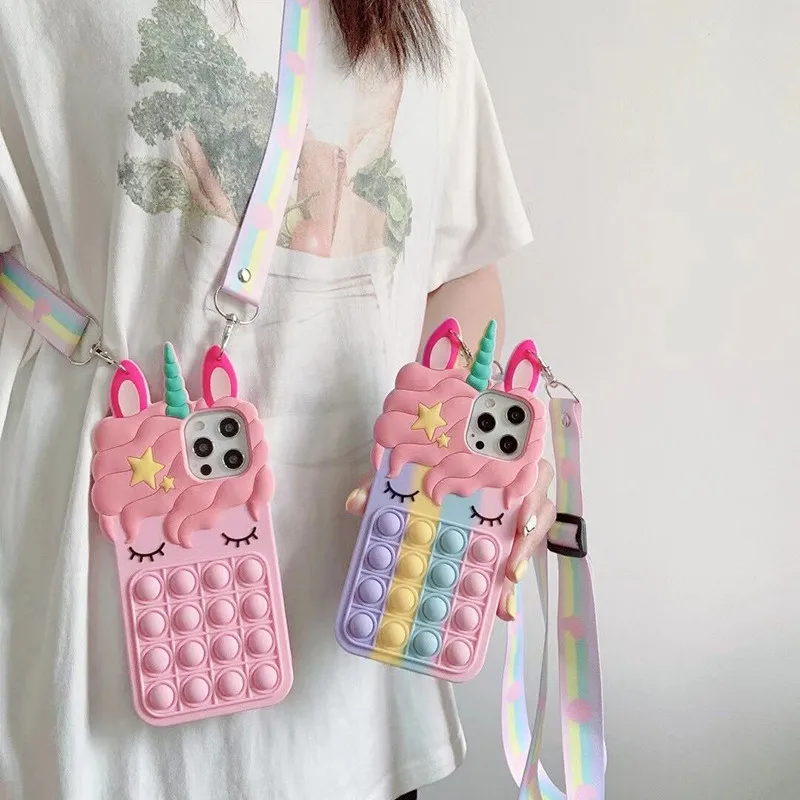 3d cute unicorn lanyard case for xiaomi redmi 9a note 10 9 8 pro 9s 10s poco m3 relieve stress pop push bubble soft phone cover free global shipping