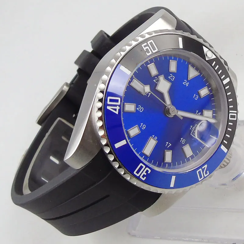 

40MM Sterile BLUE Dial Sapphire Glass Date Luminous Rubber Black Blue Ceramic Bezel MIYOTA 8215 Automatic Movement Men's Watch