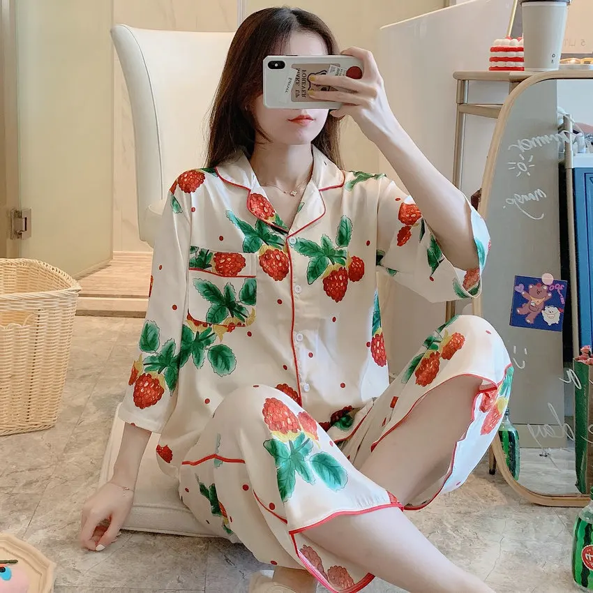 

Korean Style Women Spring Flower Print Sleeping Weear Cozy Top And Pant Two Pieces Pajama Sets Plus Size Comfort Home Clothes