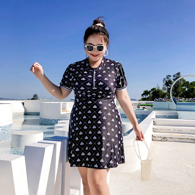 

Woman Swimsuits 2021 Large Size One Piece Swimwear With Separted Bottoms Plus Size Swimsuit Short Sleeve Bathing Suit Swim Dress