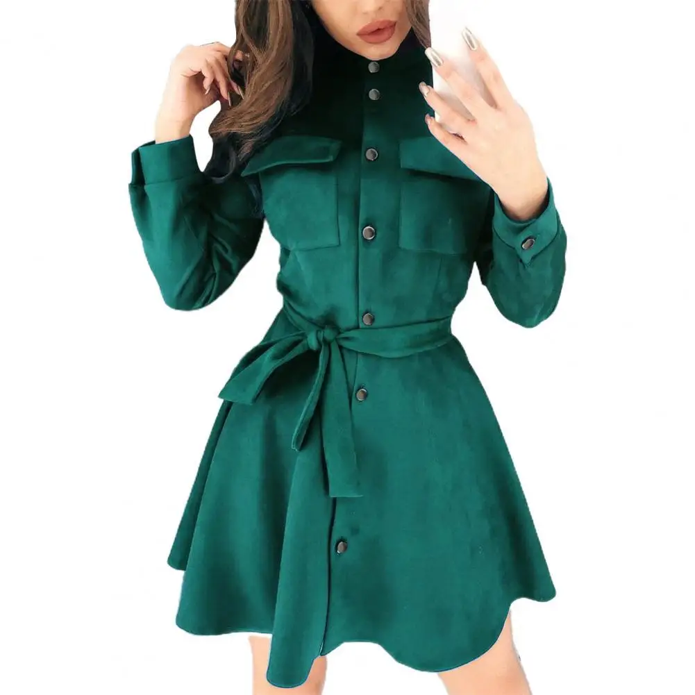 

Women Shirt Dress Solid Color Ruffles Hem Autumn Winter Belt Stand Collar Mini Dress for Daily Wear Elegant dresses for women