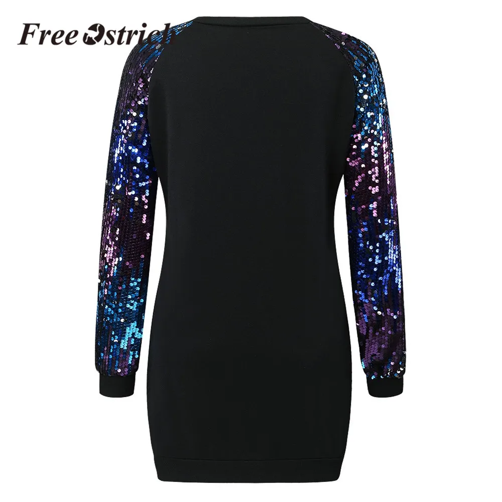Free Ostrich Fashion Women Harajuku Sweatshirt Autumn Winter Sequins Long Sleeve Black Female Pullover Loose Dresses | Женская одежда