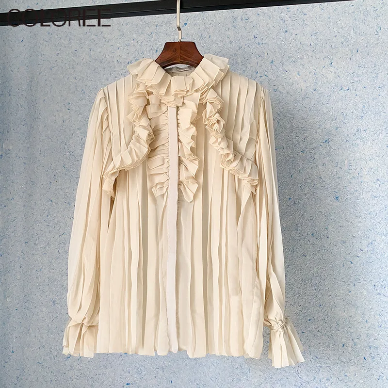 

Женская шифоновая блузка с длинным рукавом, бежевая Повседневная Блузка с оборками в Корейском стиле, весна-осень 2023