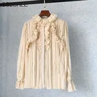 Женская шифоновая блузка, бежевая, с длинным рукавом и оборками, повседневная, в Корейском стиле, весна-осень, 2021