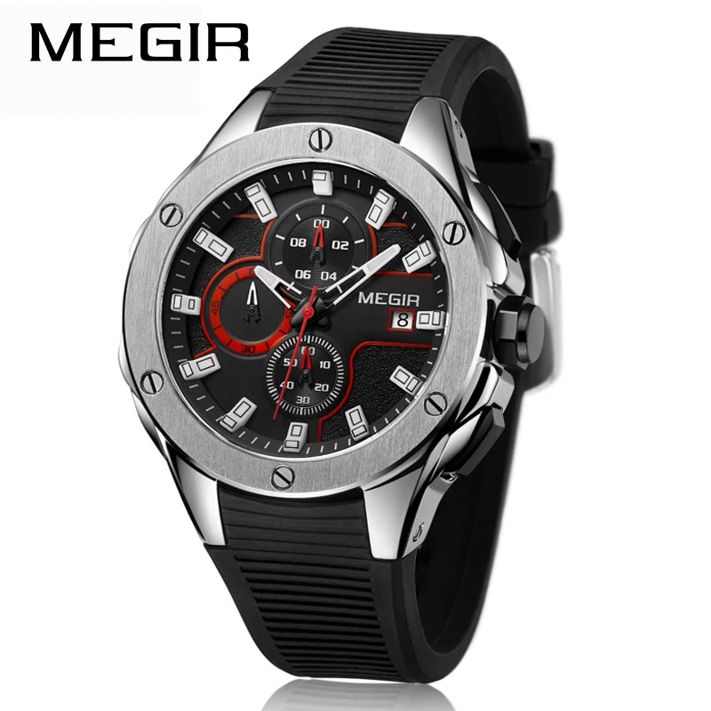 2019 MEGIR высококачественные мужские спортивные часы хронограф силиконовый ремешок
