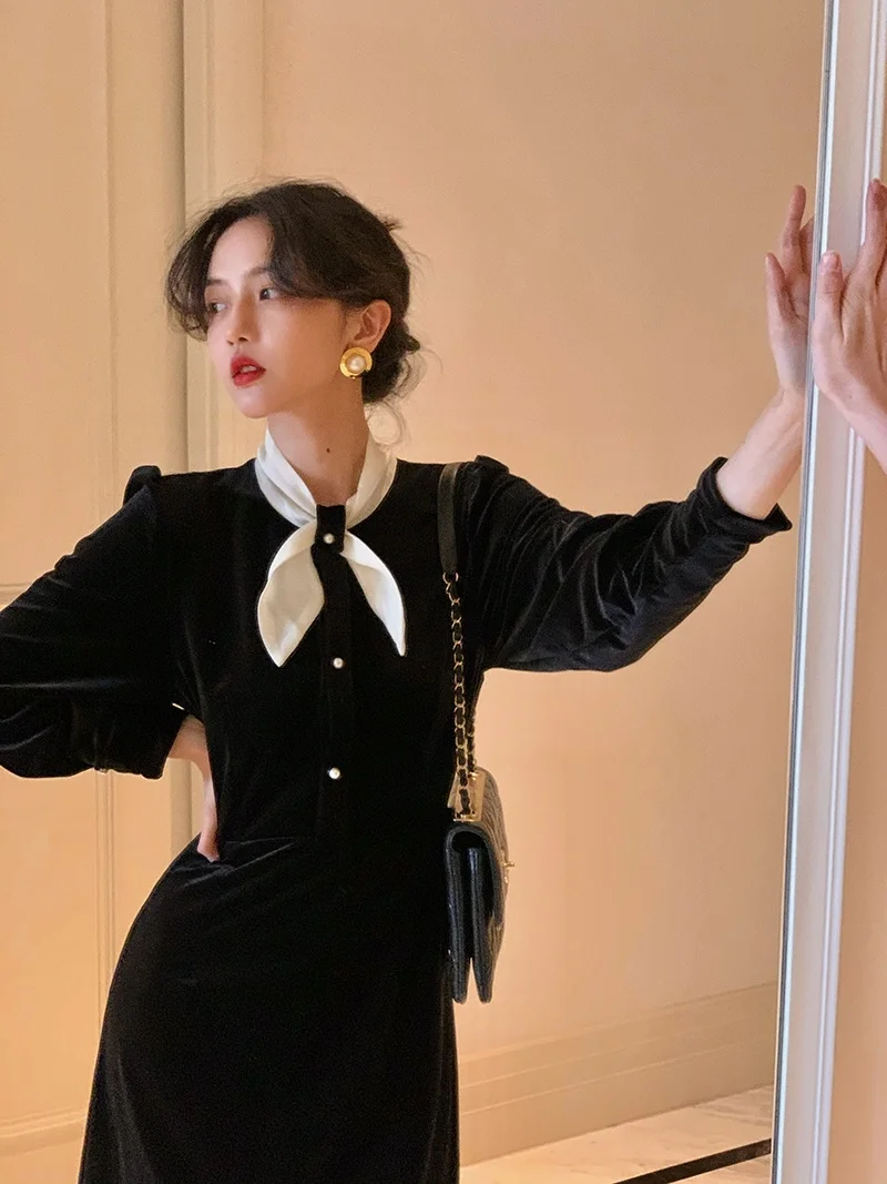 

Vestido elegante de terciopelo para mujer, prenda de manga larga Vintage, color negro, a la moda, para otoño e invierno, 2021