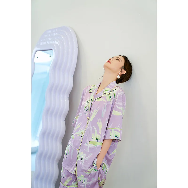 Ice Silk Pajamas Long Sleeve Two Piece Suit Women's Sleep Lounge Pajama Sets  Silk Pajamas Sleepwear Women Set