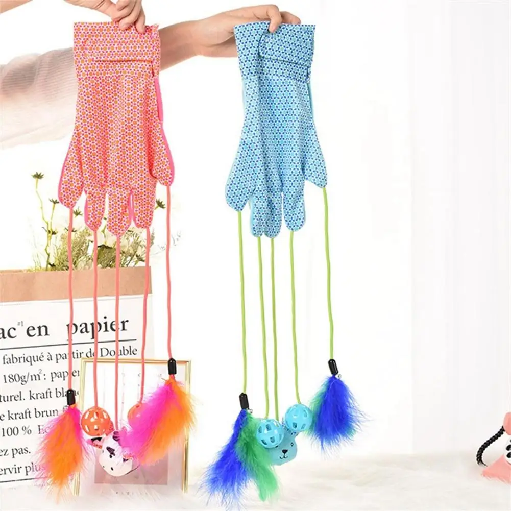

Pet Cat Interactive Feather Teaser Glove Toy With Bell Balls Cat Training Toys