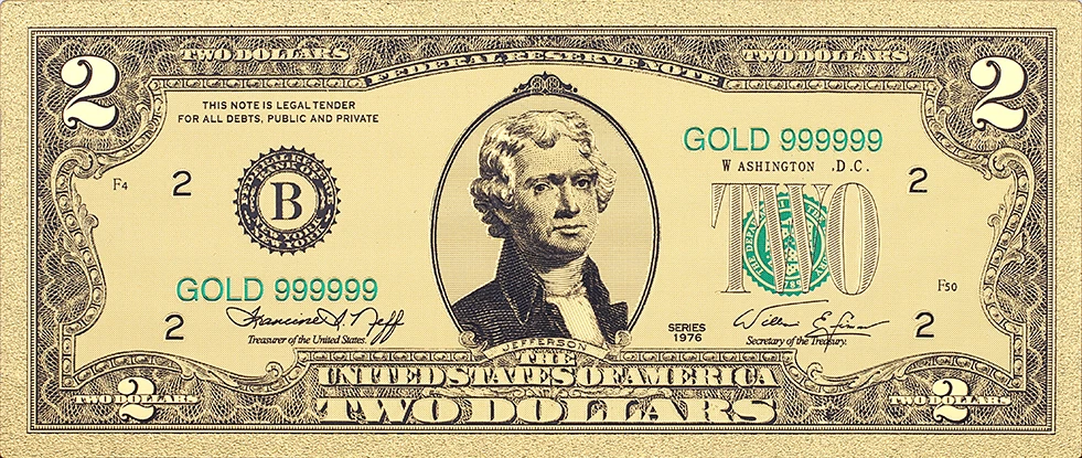 2 шт. купюры в виде двух американских долларов 24 К позолоченные с пластиковой