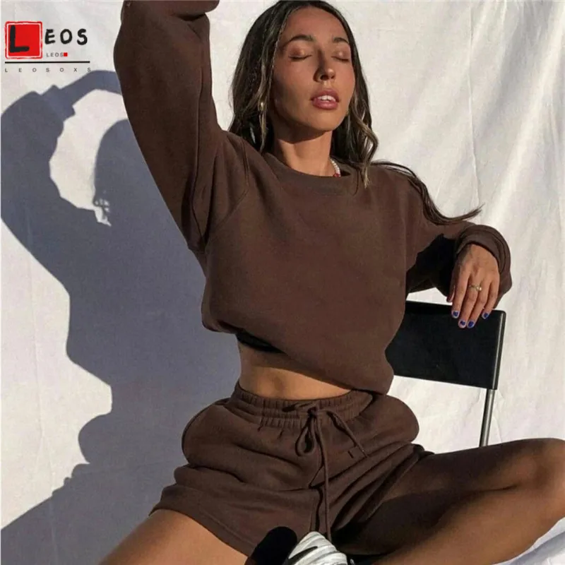 

Hoodies Sets Loose Casual Sports Sweatshirt for Women Long Sleeve Pullovers Wide Leg Shorts 2pcs Set Solid Color Tracksuit