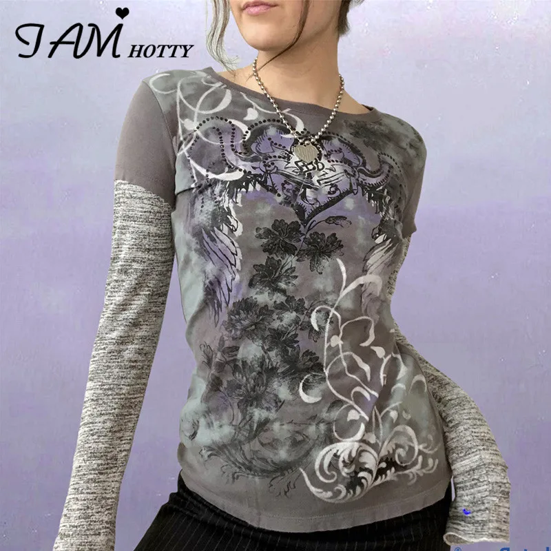 

Fairycore Printed Aesthetic Grunge Top Women Retro Patchwork Tshirt Grey Casual Tops Dark Academia Tshirts Autumn Iamhotty