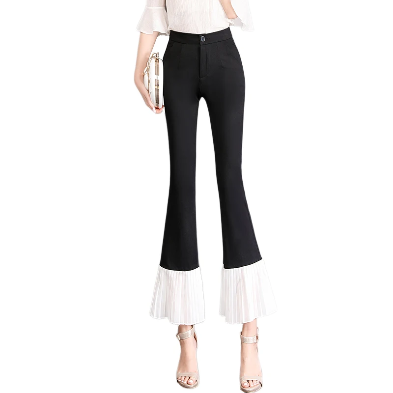 

Black Stretch Flared Pants Women Fashion Cotton Office Work Elegant Trousers Casual Loose Korean Pockets with Beaded Chic Pants