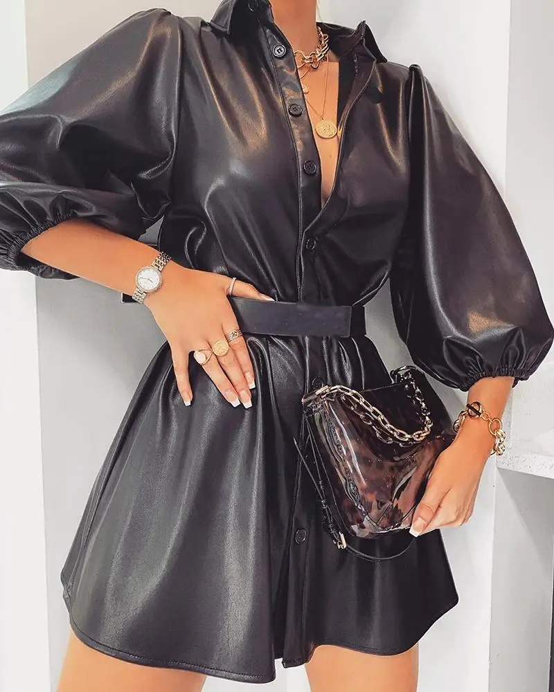 

Solid Button-Up Faux Leather Dress Women Long Sleeve PU Dress