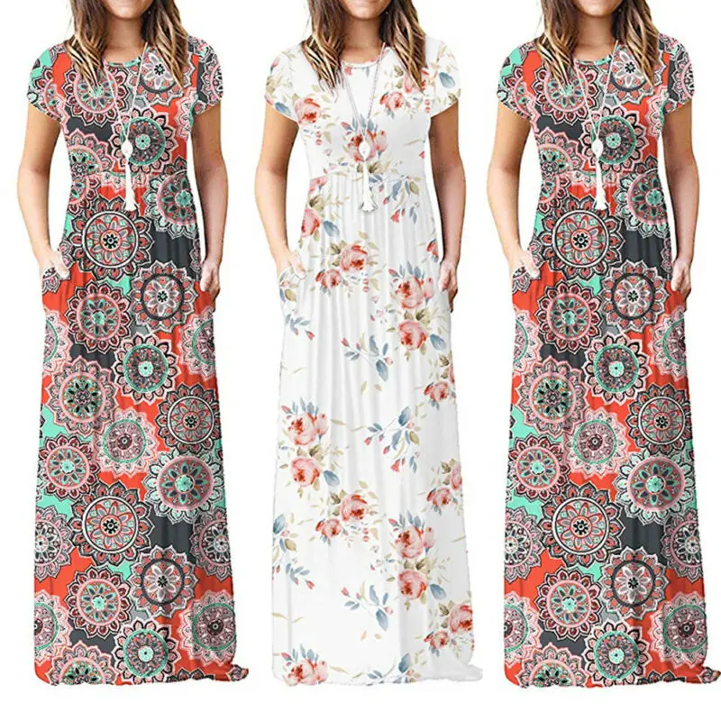 Женское пляжное платье Бохо размера плюс с коротким рукавом и цветочным принтом