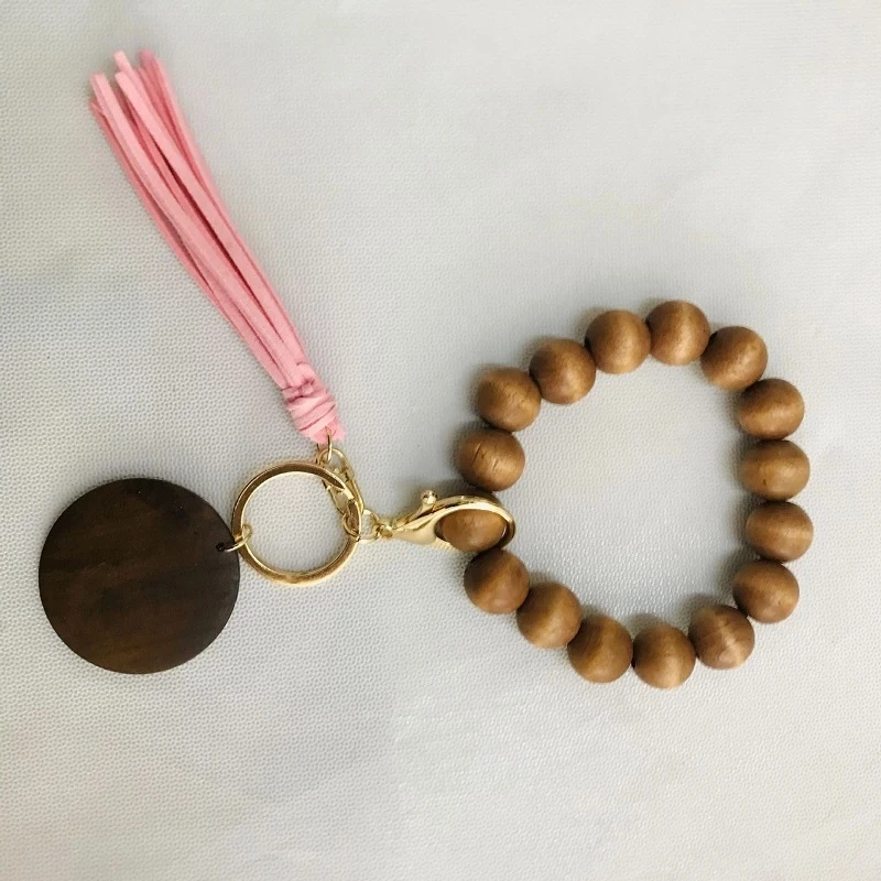 

Makersland Tassel Keychain Wood Beads Wrist Strap Bracelet Keychain For Keys Pu leather Leopard Keyring For Women Accessories