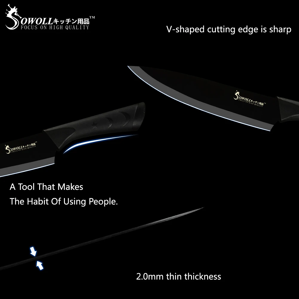 

Sowoll Stainless Steel Kitchen Knives 6 Piece Set Sharp Black Blade ABS+TPR Handle Knife Meat Fish Fruit Cooking Accessories