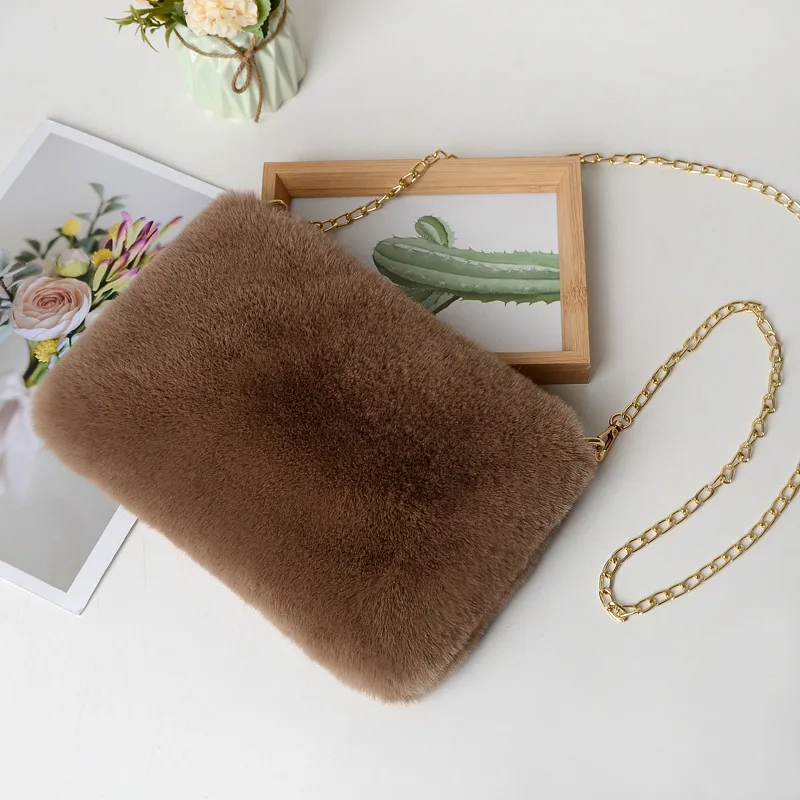 

Faux Fur Chain Shoulder Crossbody Bags for Women 2021 Winter Warm Solid Plush Fashion Square Messenger Bag Female Purses Handbag