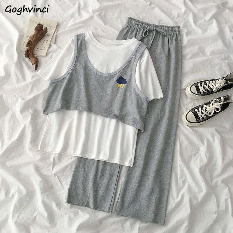 

Sets Women Casual Simple Harajuku Print Vests Cute White Tees All-match High Waist Drawstring Wide Leg Pants Three Piece Femme