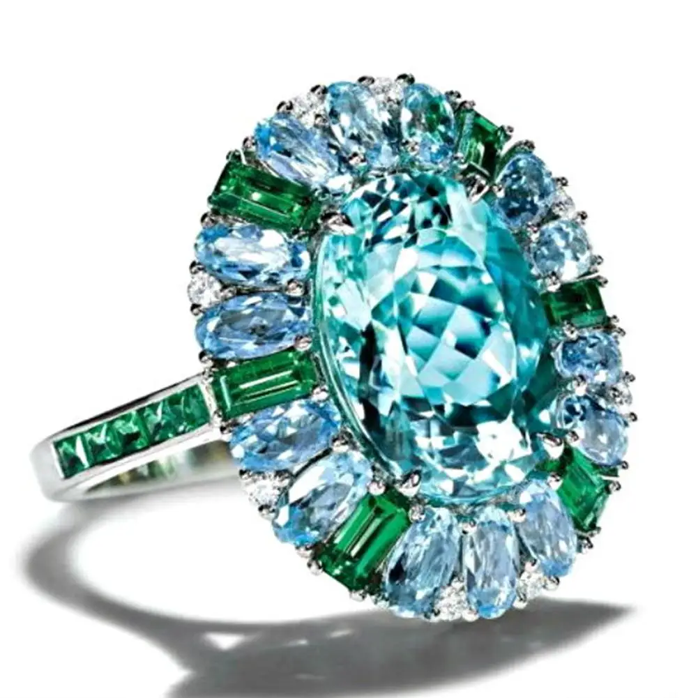 

Luxury Women Faux Emerald Aquamarine Flower Ring Wedding Party Jewelry Gift