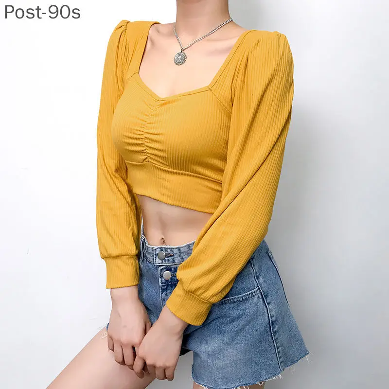 

Women Long Sleeve Crop Tops Sexy Square Collar Basic Solid Black Lady Casual Tshirt Sexy Off Shoulder T Shirts Summer Autumn Top