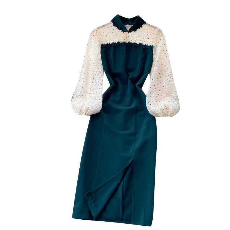 

2022 Korean Temperament Lantern Sleeve Bodycon Dress Ladies Vintage Sexy Split Green Midi Dresses Vestidos