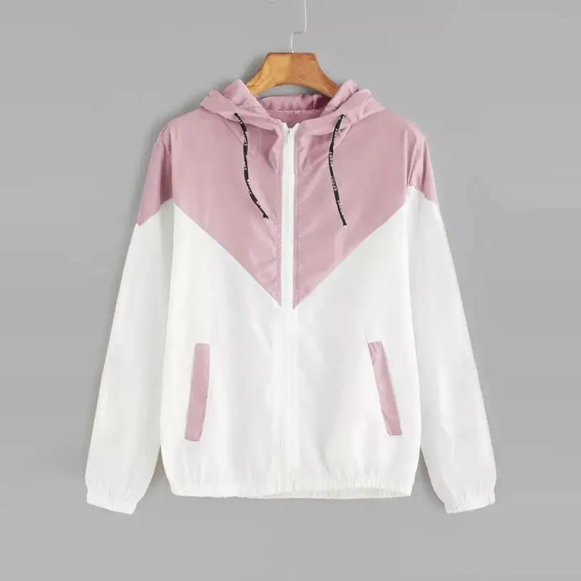 Осенняя мода с капюшоном двухцветная ветровка куртка на молнии карманы
