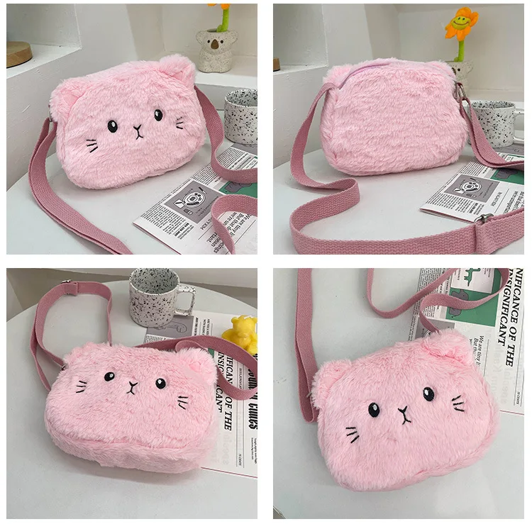 Cute Baby Girls Soft Plush Shoulder Bags Lovely Cat Children's Furry Messenger Bag Winter Kids Small Coin Purse Crossbody Bag