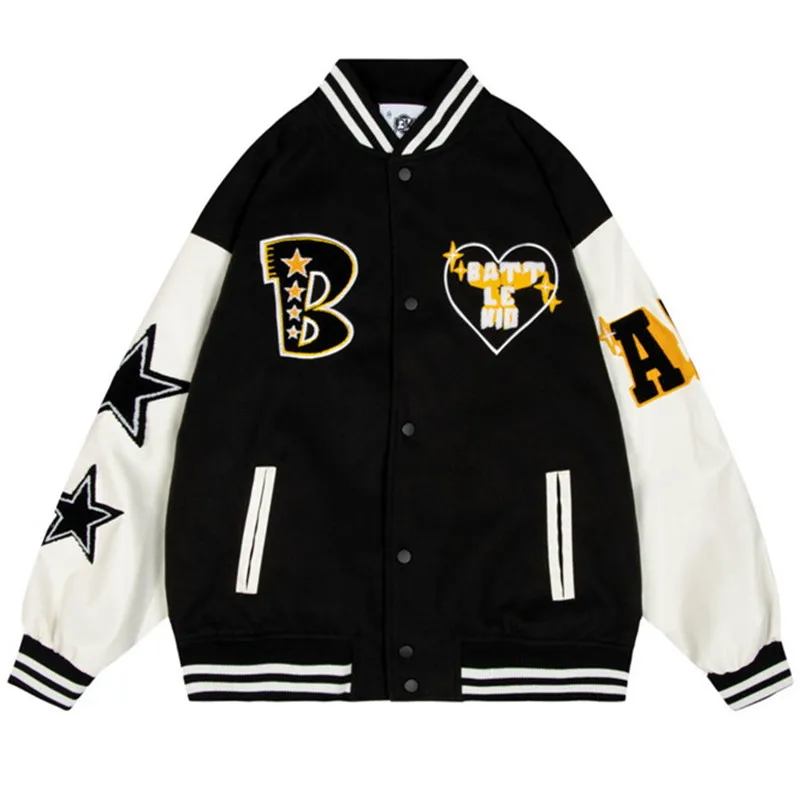 

Hip Hop Oversized Men Jacket Star Letter Embroidery Patchwork College Baseball Coat Women Harajuku Korean Varsity Bomber Jacket
