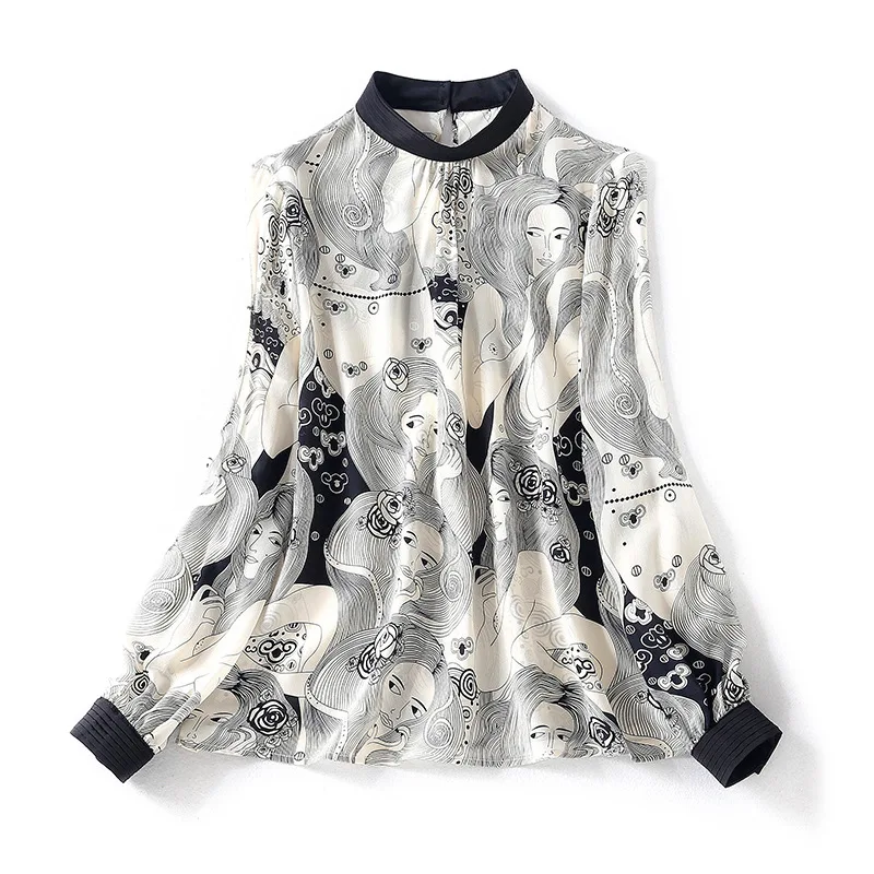 

New spring pressure plait collar art beauty like printed lantern sleeve loose women silk shirt