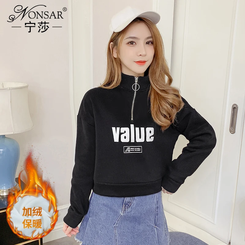 

Зимнее Короткое женское свитер Ningsha, корейское утепленное бархатное пальто с принтом в западном стиле, новый дизайн 2019