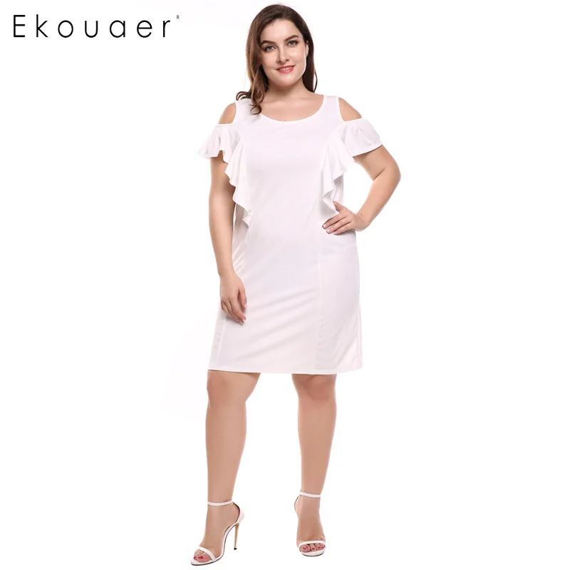 Ekouaer Summer Dreesses Women Plus Size Cold Shoulder Ruffles Sleeve Solid Shift Knee Length Dress L-4XL Sizes | Женская одежда