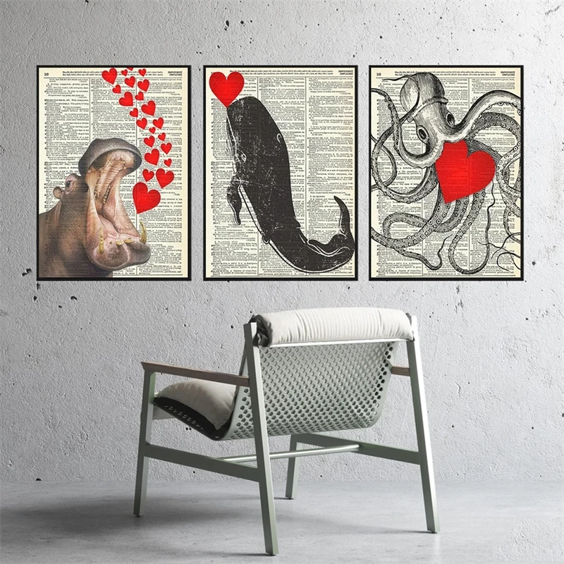 

Animal Love Posters and PrintsFunny Hippopotamus Octopus Whale Heart Art Canvas Painting Modern Wall Picture Bedroom Home Decor